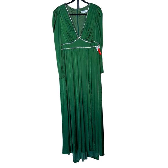 NWT IEENA for MAC DUGGAL 55702 Emerald Green Rhinestone Trim Puff Sleeve Gown - Picture 2 of 13